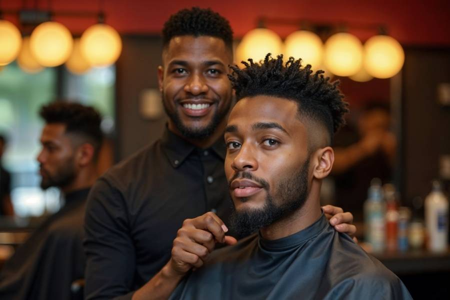 Scène dans un barbershop moderne montrant un homme avec une coupe Taper Fade, accompagné de son coiffeur souriant. En arrière-plan, un autre client se fait coiffer dans une ambiance chaleureuse et professionnelle.