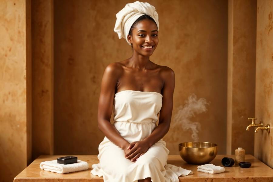 Une femme assise dans un hammam traditionnel, portant une serviette sur la tête et une robe blanche, entourée d'objets de soin et d'une atmosphère apaisante avec de la vapeur.