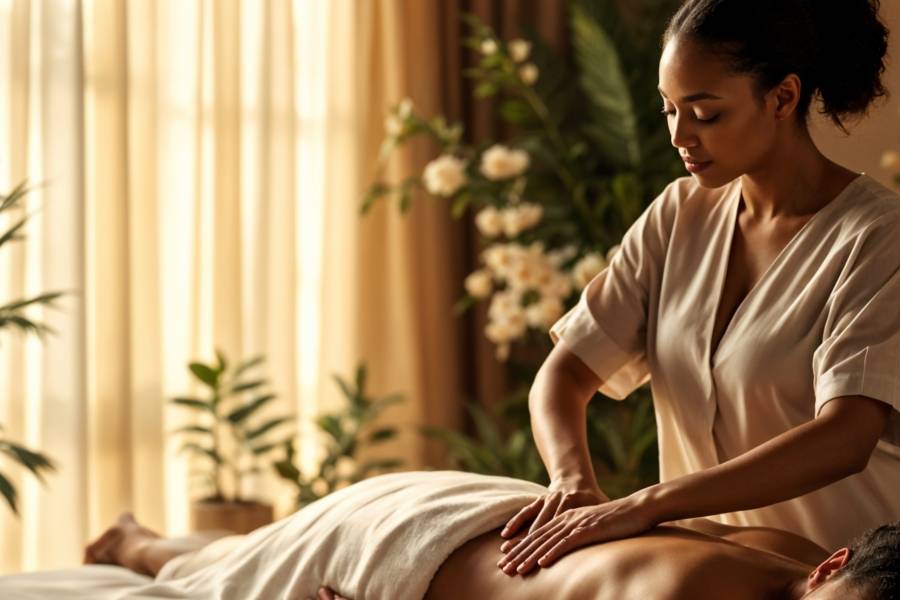 Une femme africaine recevant un massage dans un spa élégant et apaisant, entourée de bougies et de plantes, créant une ambiance chaleureuse et relaxante.
