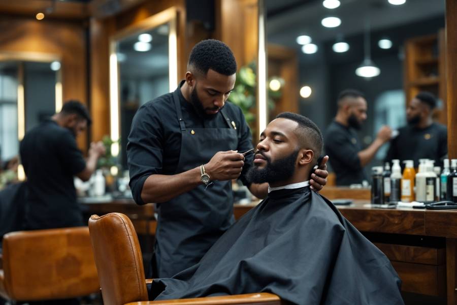 Un élégant barber shop à Dakar avec un coiffeur professionnel taillant la barbe d'un client assis dans un fauteuil en cuir.