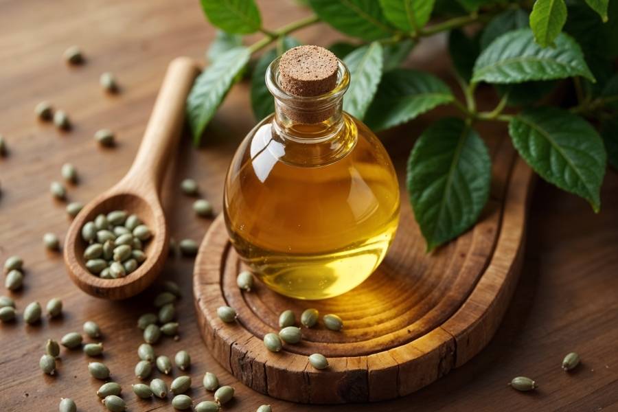 Bouteille d'huile de ricin avec des graines sur une table en bois, entourée de feuilles vertes naturelles.