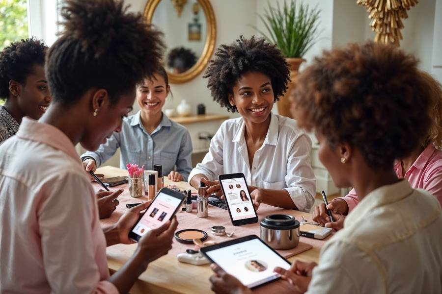 Un groupe de femmes utilisant la marketplace Glamy sur leurs appareils, entourées de produits de beauté dans une ambiance conviviale et élégante.