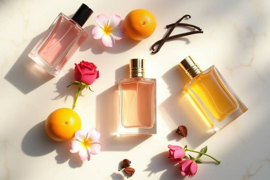 Une composition luxueuse montrant des flacons de parfum élégants, représentant les différences entre parfum, eau de parfum et eau de toilette.
