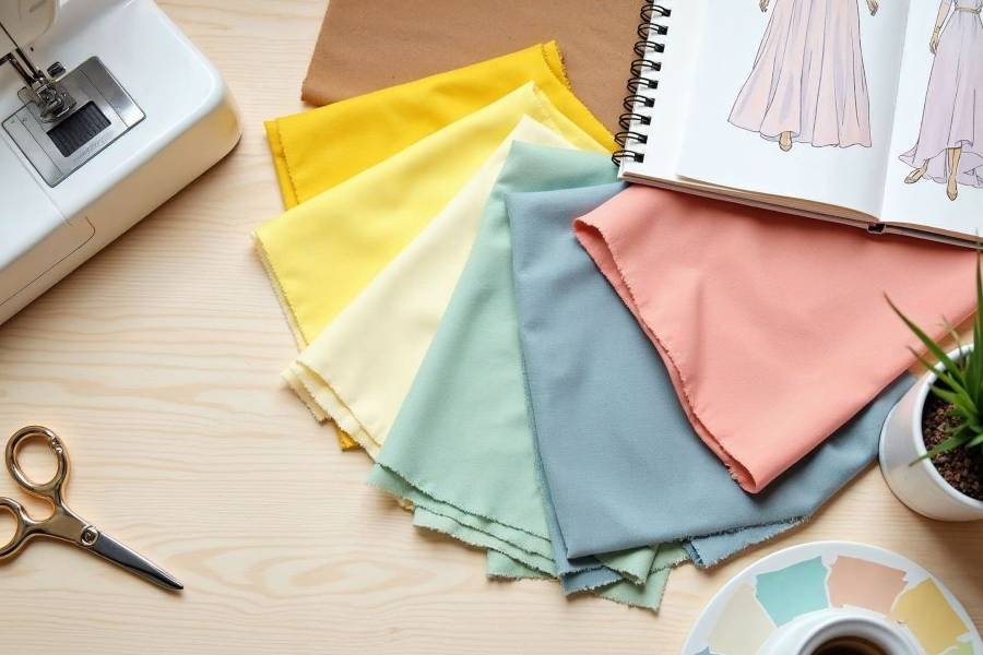 Un arrangement élégant de tissus dans les couleurs tendance 2025 : mocha mousse, jaune zesté, bleu horizon, rose prairie et vert sauge, accompagnés d'outils de couture et d'un carnet de croquis, représentant les inspirations mode de l'année.