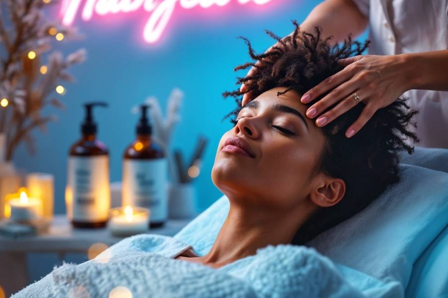 Soin du cuir chevelu en hiver avec massage capillaire et produits hydratants, illustrant une routine beauté pour des cheveux sains avec Glamy.sn