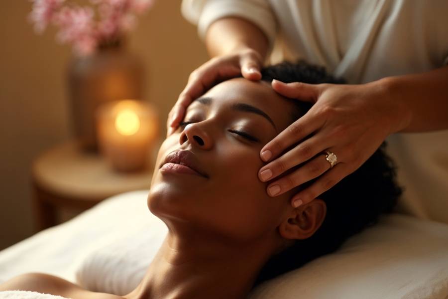 Femme recevant un massage facial Kobido dans un spa japonais, avec une ambiance apaisante et des éléments naturels comme du bambou et des fleurs de cerisier.
