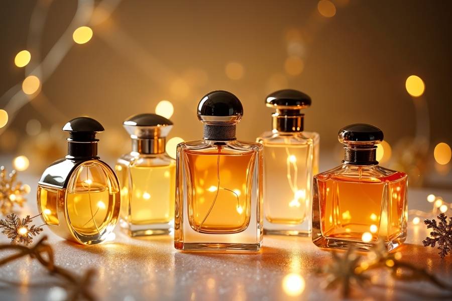 Cinq flacons de parfums féminins emblématiques disposés sur un fond festif avec des lumières scintillantes, des rubans dorés et des décorations de Noël.