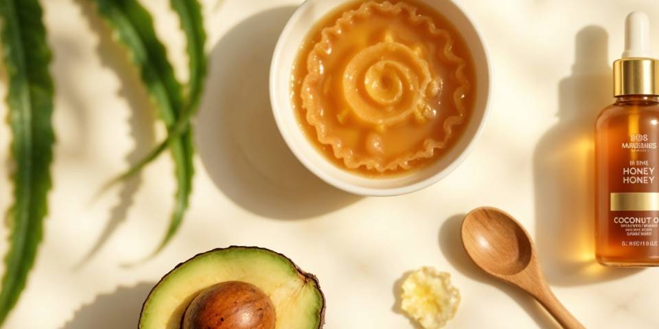 Un assortiment d’ingrédients naturels pour un masque capillaire hydratant : un demi-avocat, une bouteille d’huile de coco, du miel dans un bol, une feuille d’aloe vera et une cuillère en bois.